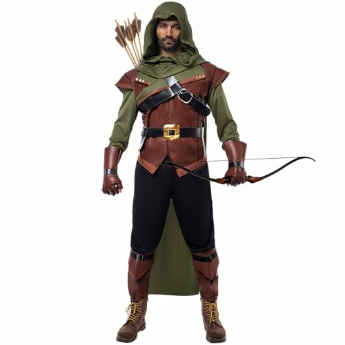 Person in an archer costume with hood and quiver of arrows.