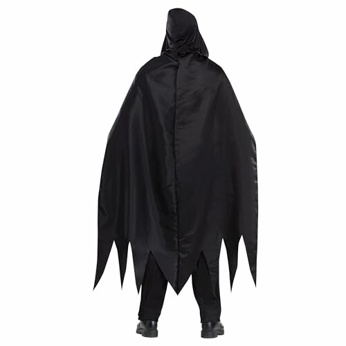 Person wearing a black hooded cape costume with jagged hem.