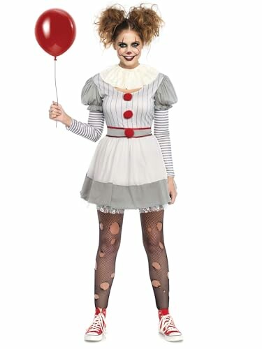 Person in a clown costume holding a red balloon.