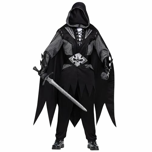 Dark hooded figure in a fantasy costume with a sword.