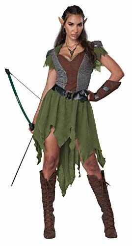 Woman in an elf archer costume with bow and arrow.