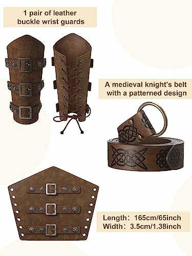 Leather wrist guards and medieval knight's belt with patterned design.