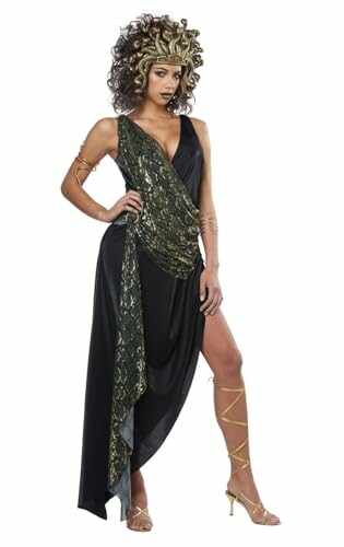 Woman in a Medusa costume with snake headdress and dark draped dress.