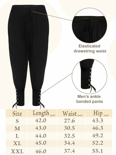 Men's ankle banded pants with elasticated drawstring waist and size chart.