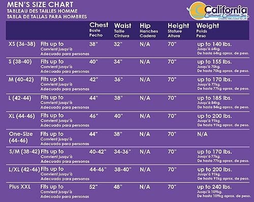 Men's size chart for California with chest, waist, hip, height, and weight details.