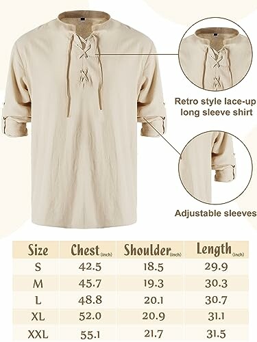 Retro style lace-up long sleeve shirt with size chart.