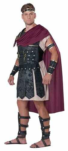 Person wearing Roman warrior costume with a red cape and armor.