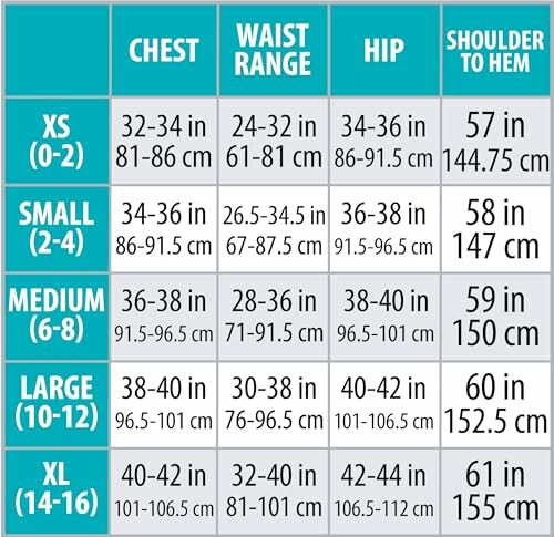 Size chart with measurements for chest, waist, hip, and shoulder to hem.