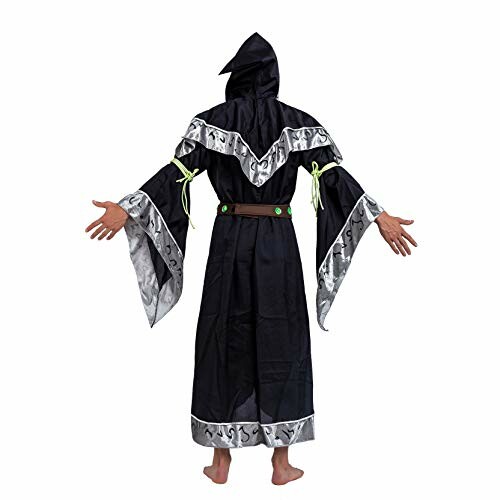 Person in a black wizard costume with silver trim, hood, and wide sleeves, seen from the back.